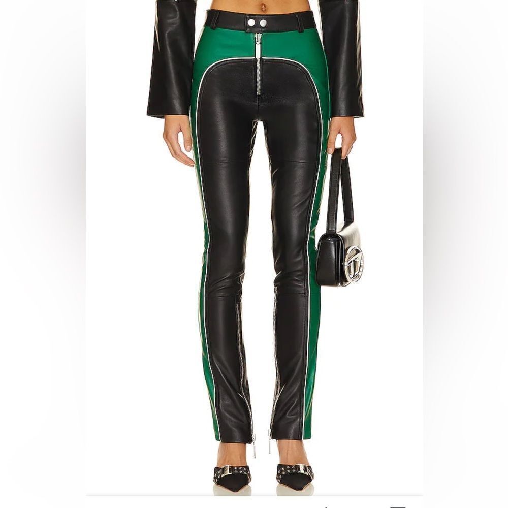 Camila Coelho Moto Biker Leather Pants lamb black green NWT $598 Revolve Sz S